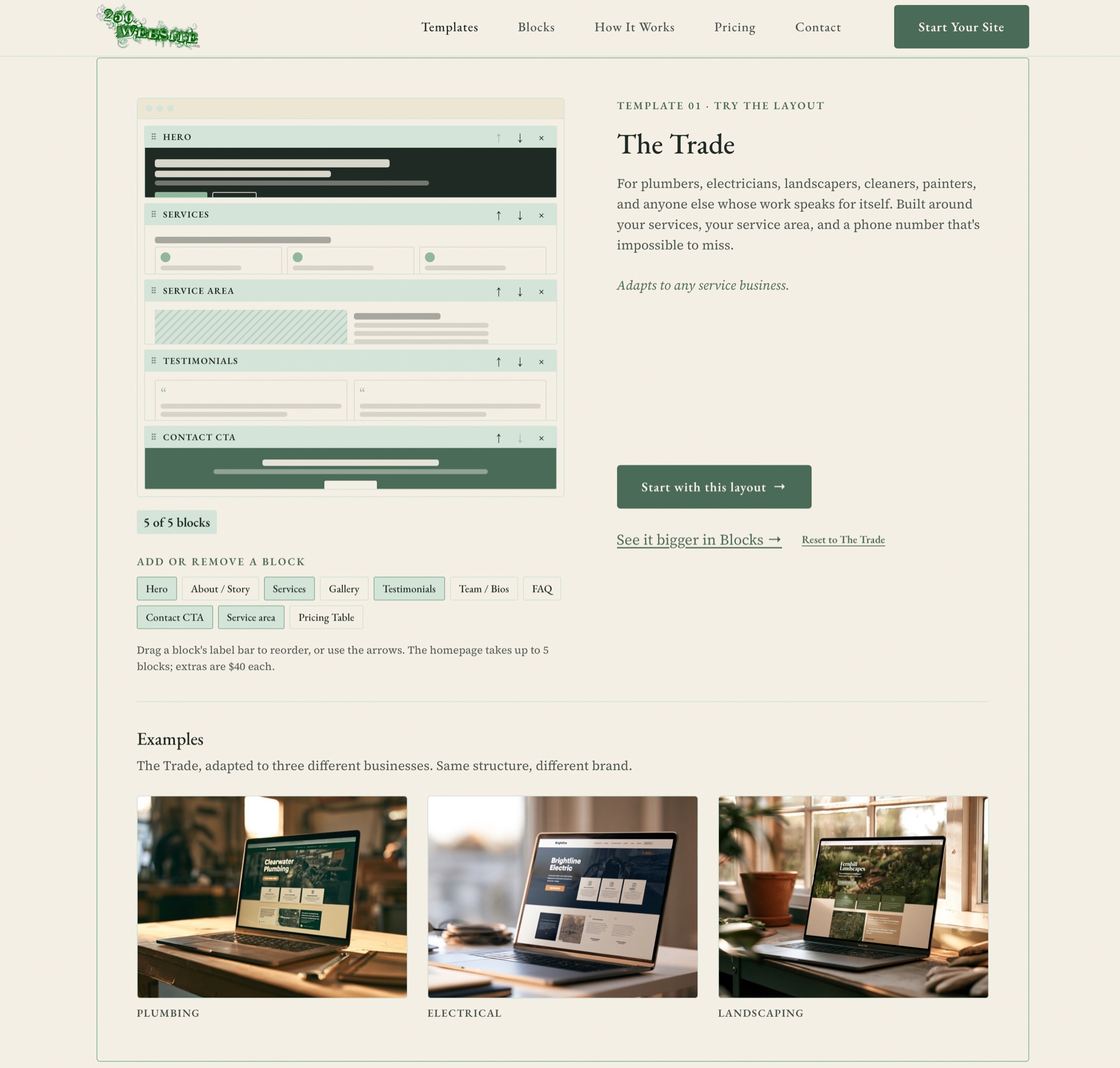 250Website &mdash; The Trade starter template with an interactive block editor and three example sites