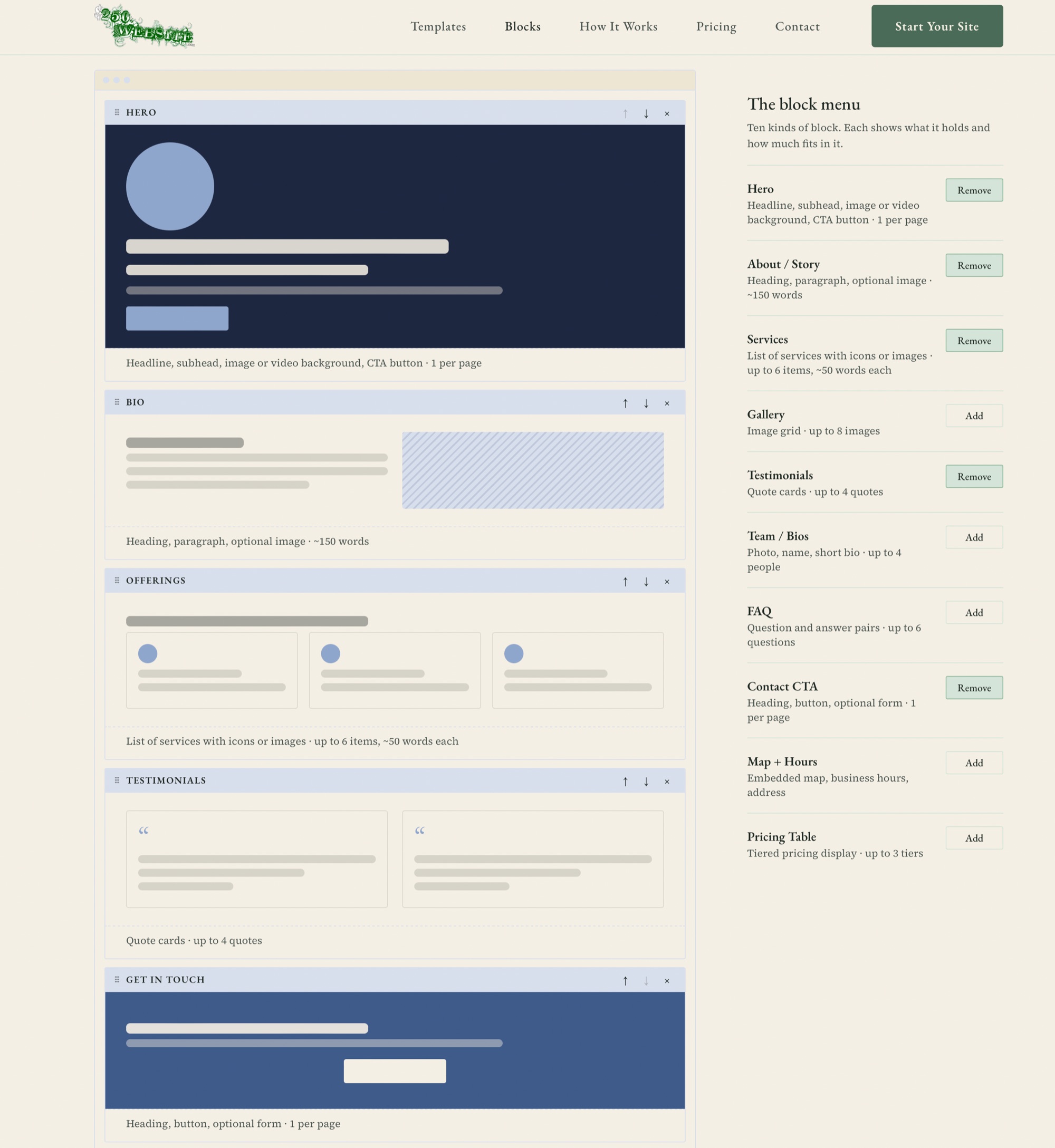 250Website &mdash; the block menu with a live wireframe preview