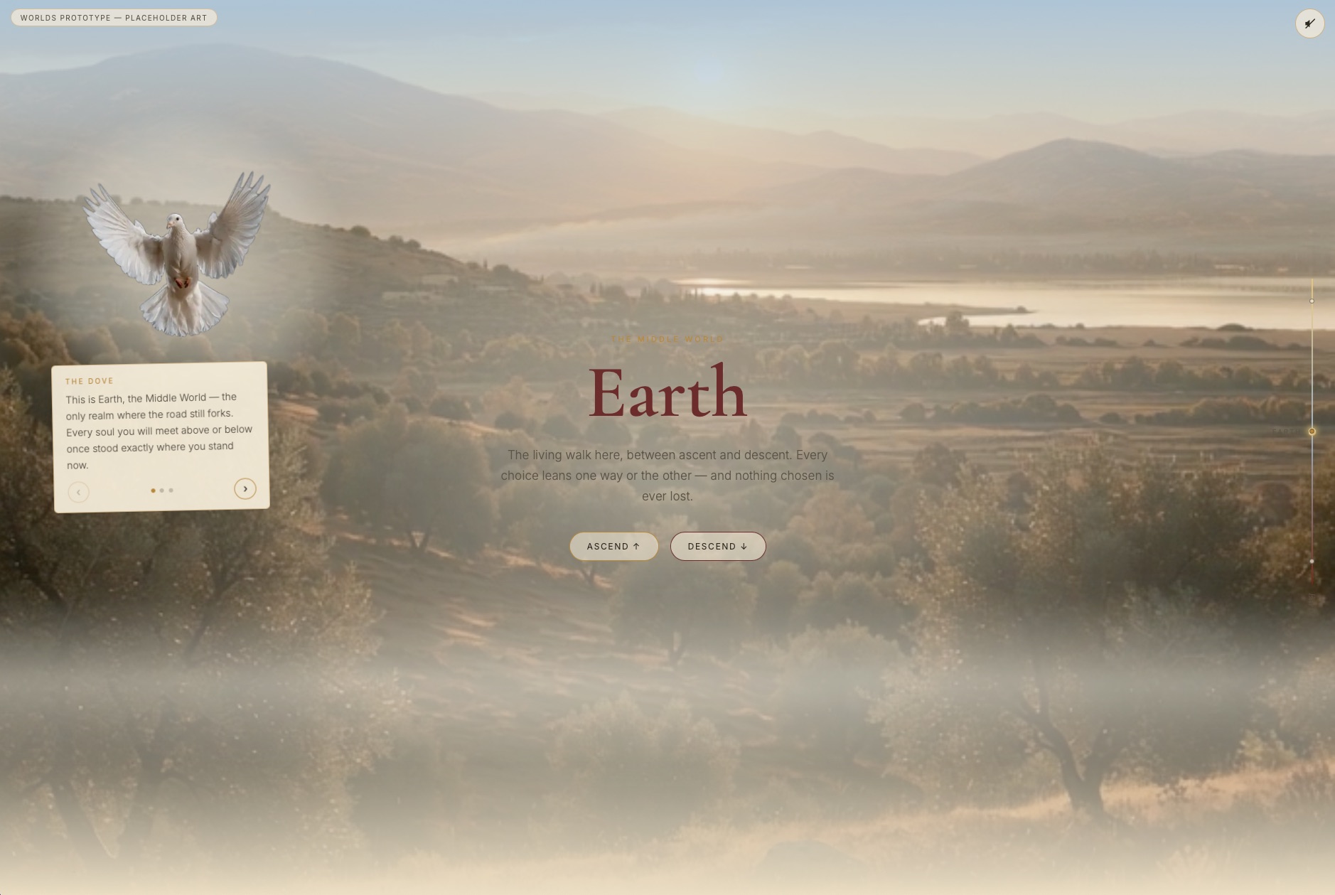 3 Worlds website &mdash; Earth, the Middle World, with the Dove guide and Ascend and Descend buttons