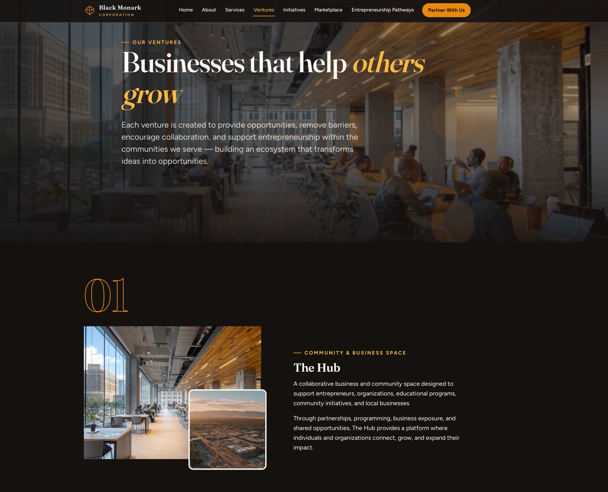 Black Monark website &mdash; Ventures page opening on The Hub