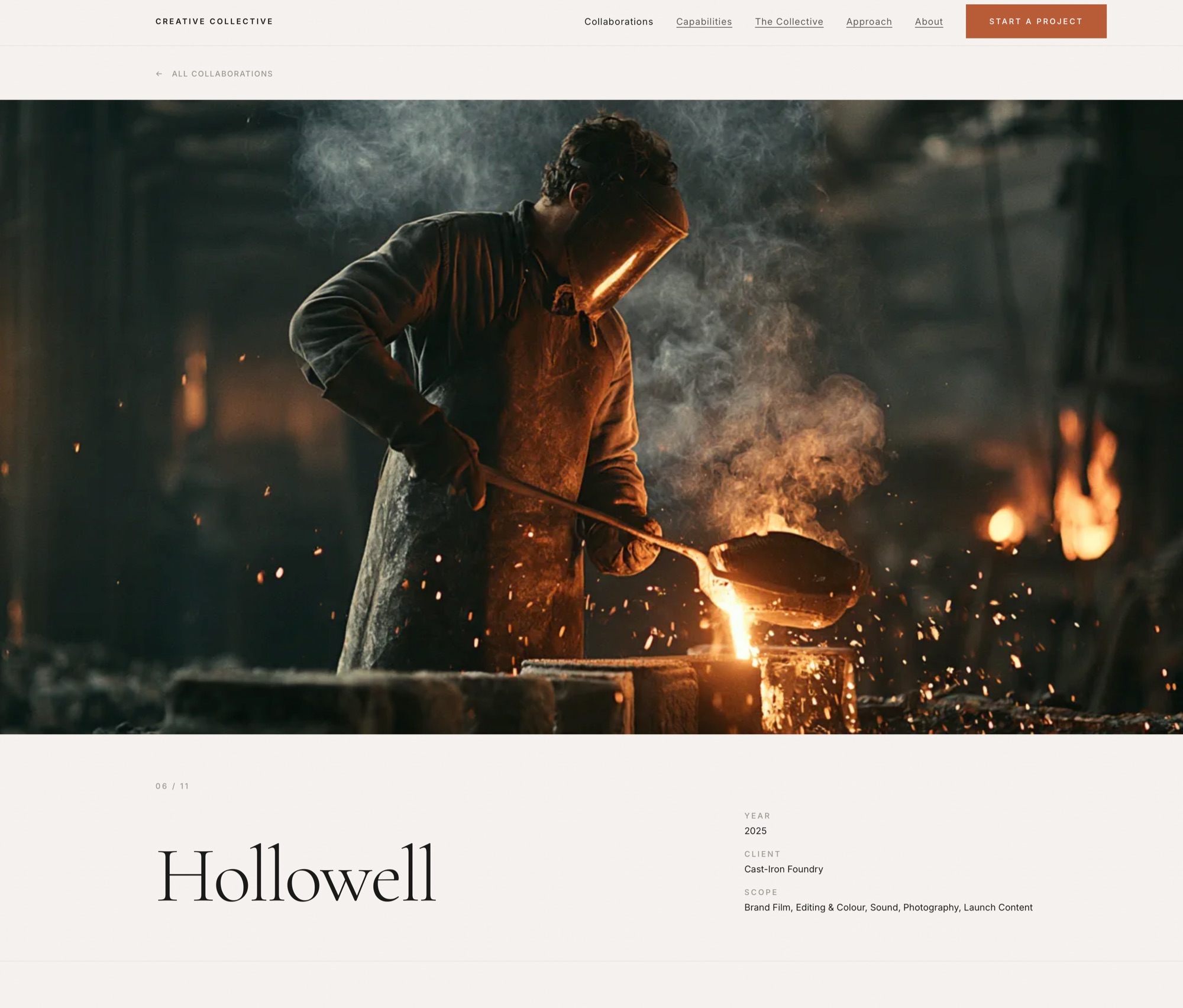 Creative Collective website &mdash; Hollowell case study opening with a full-bleed foundry photograph