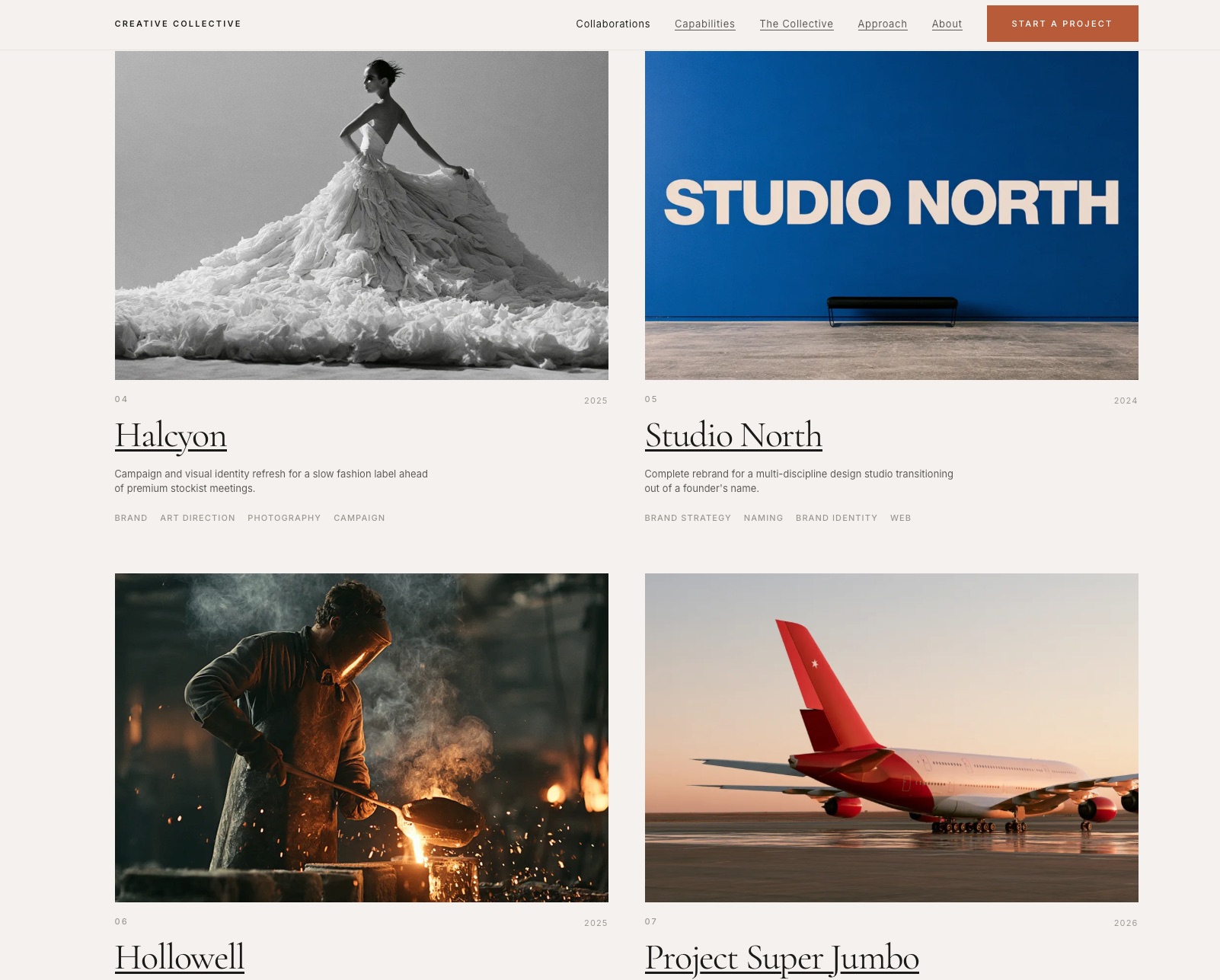 Creative Collective website &mdash; Collaborations grid with Halcyon, Studio North, Hollowell, and Project Super Jumbo
