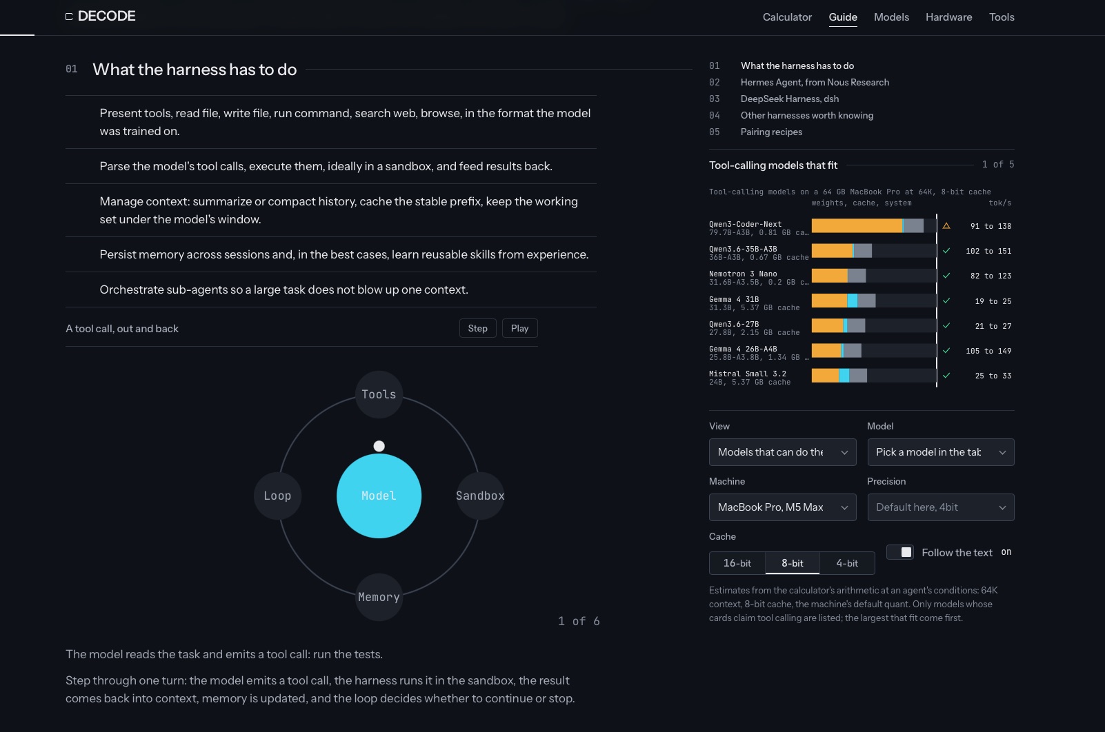 Decode website &mdash; guide chapter on agent harnesses with an animated tool-call diagram