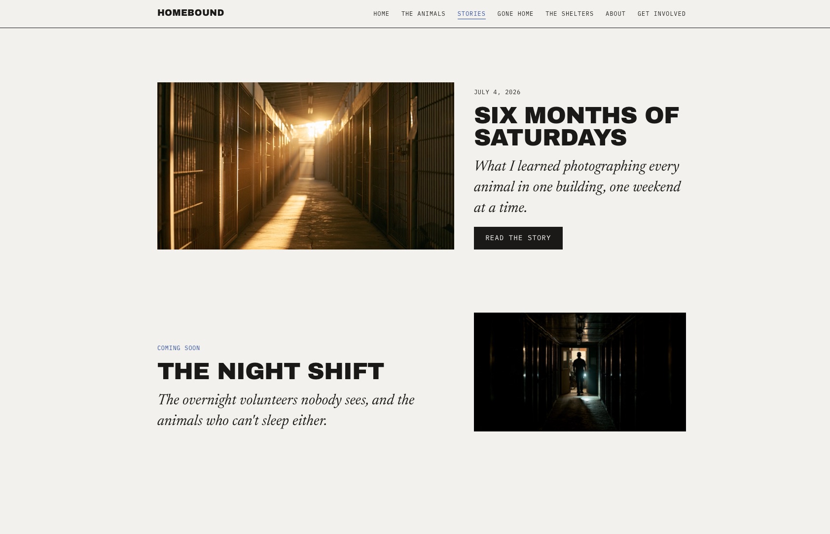Homebound website &mdash; Stories page with Six Months of Saturdays and The Night Shift