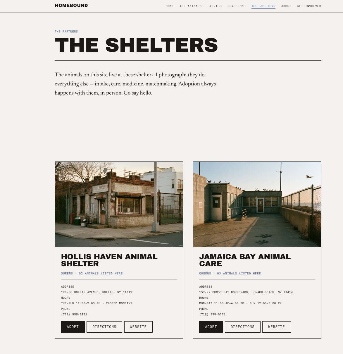 Homebound website &mdash; The Shelters page with Hollis Haven and Jamaica Bay partner cards