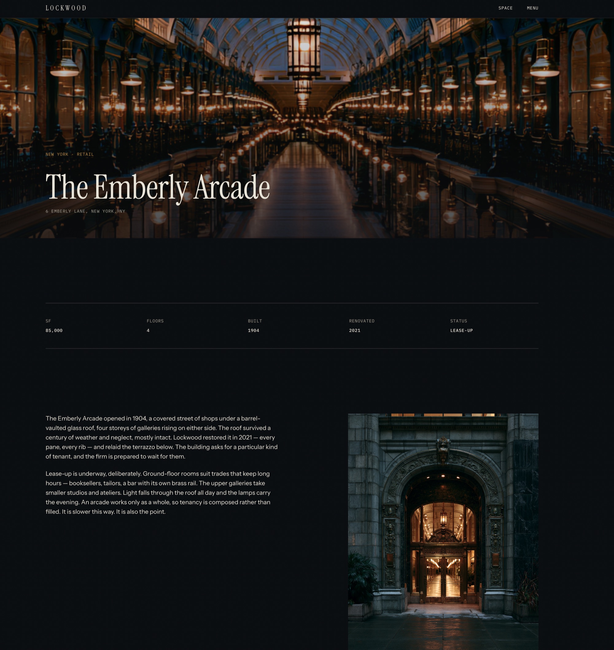 Lockwood website &mdash; The Emberly Arcade building page with its facts and written history