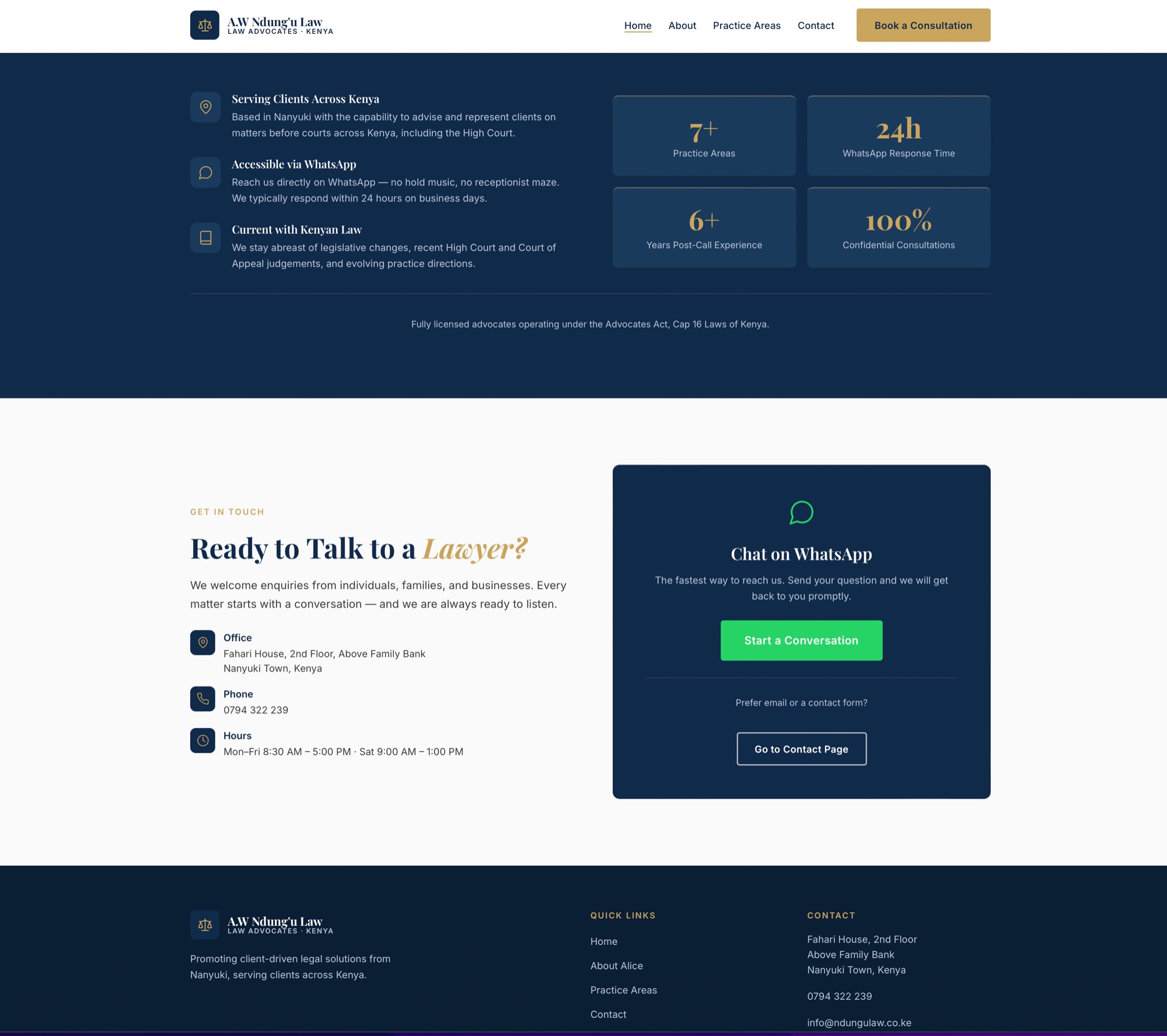 A.W Ndung&rsquo;u Law website &mdash; why choose the firm, key figures, and the WhatsApp call to action