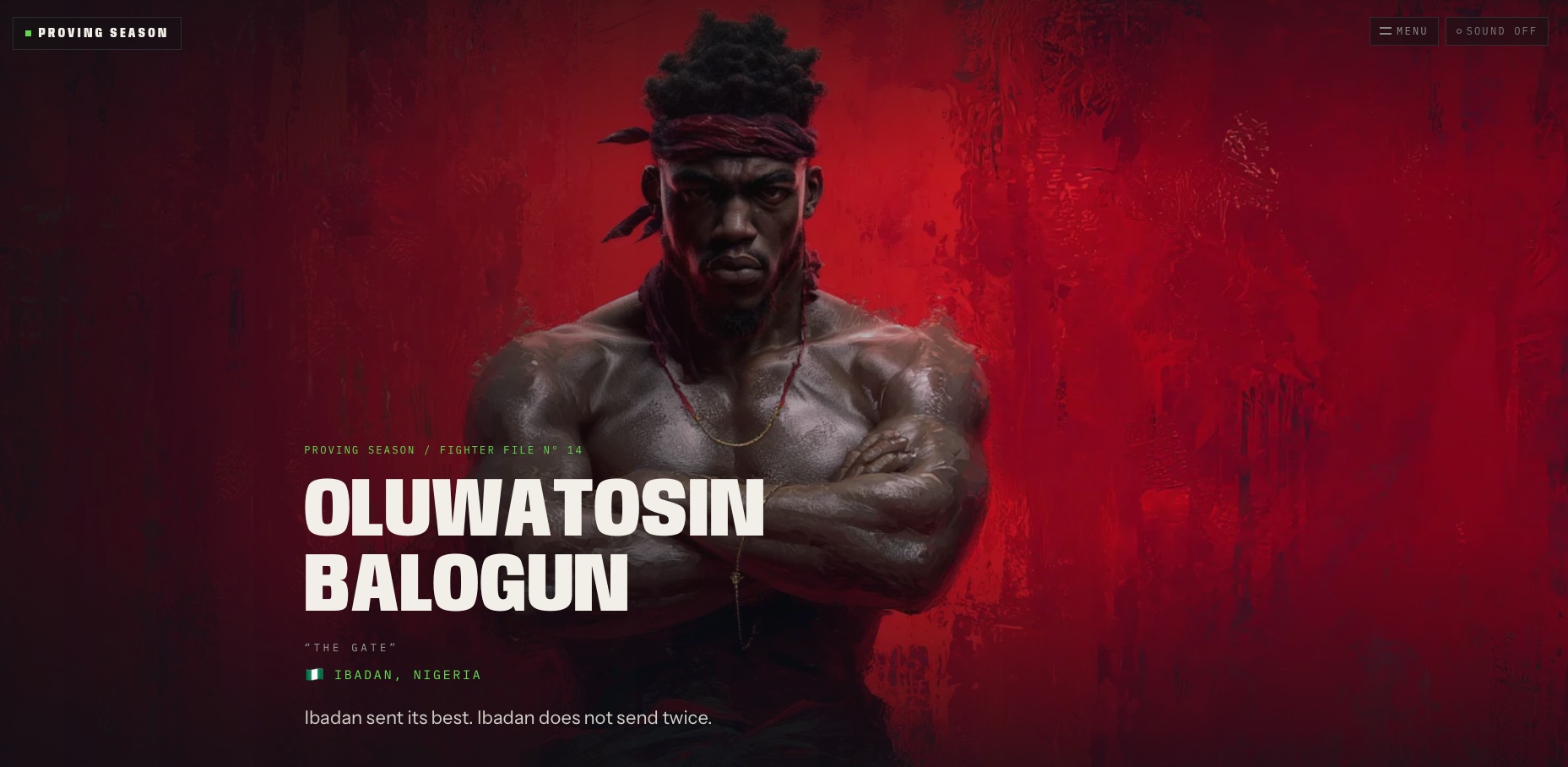 Proving Season website &mdash; Fighter File No. 14, Oluwatosin Balogun, against a red painted backdrop