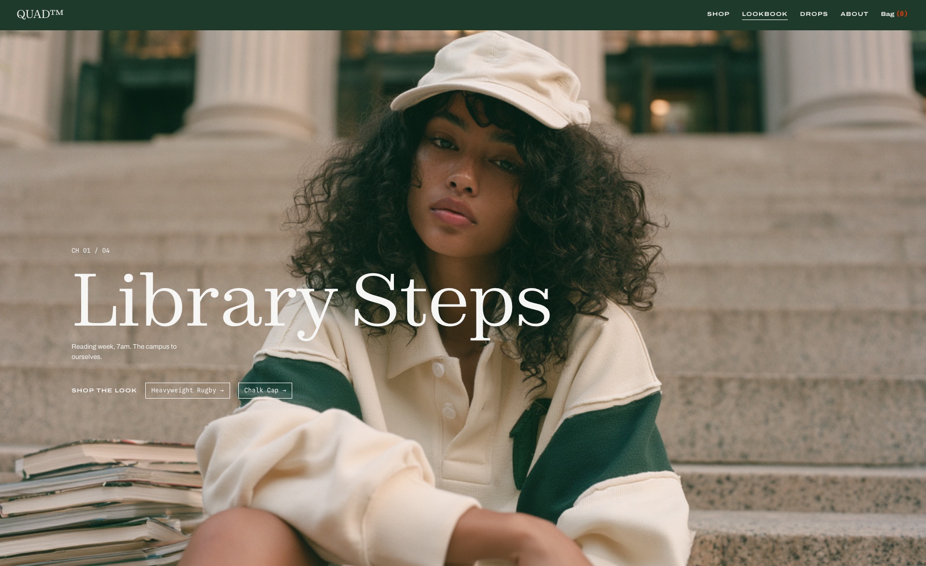 Quad website &mdash; Lookbook chapter one, Library Steps, with Shop the Look links