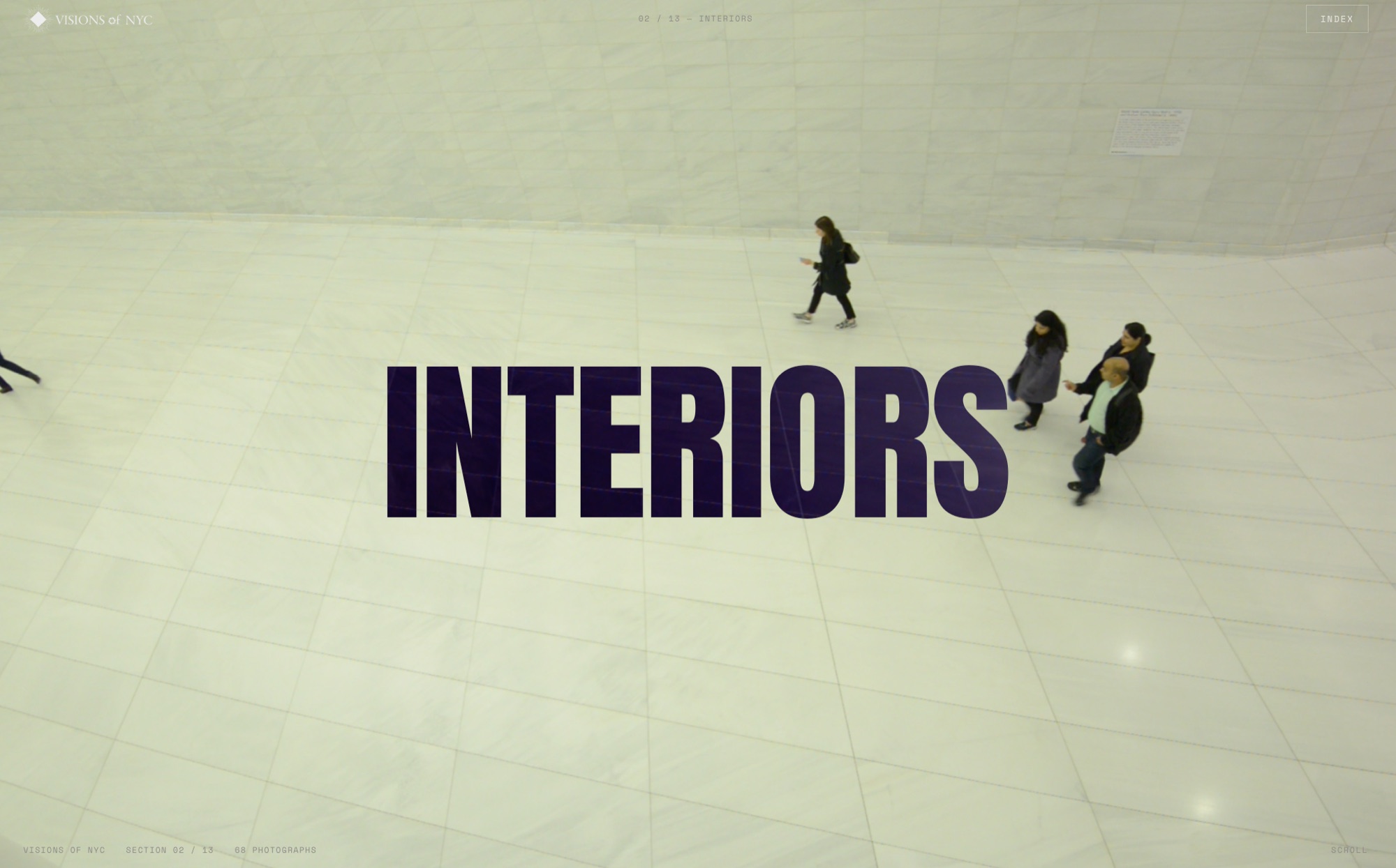 Visions of NYC &mdash; the Interiors section hero with a giant title over the film