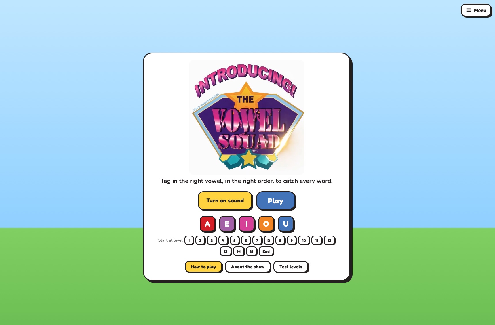 Vowel Squad title screen with the show logo, Play button, the five vowel characters, and a level picker