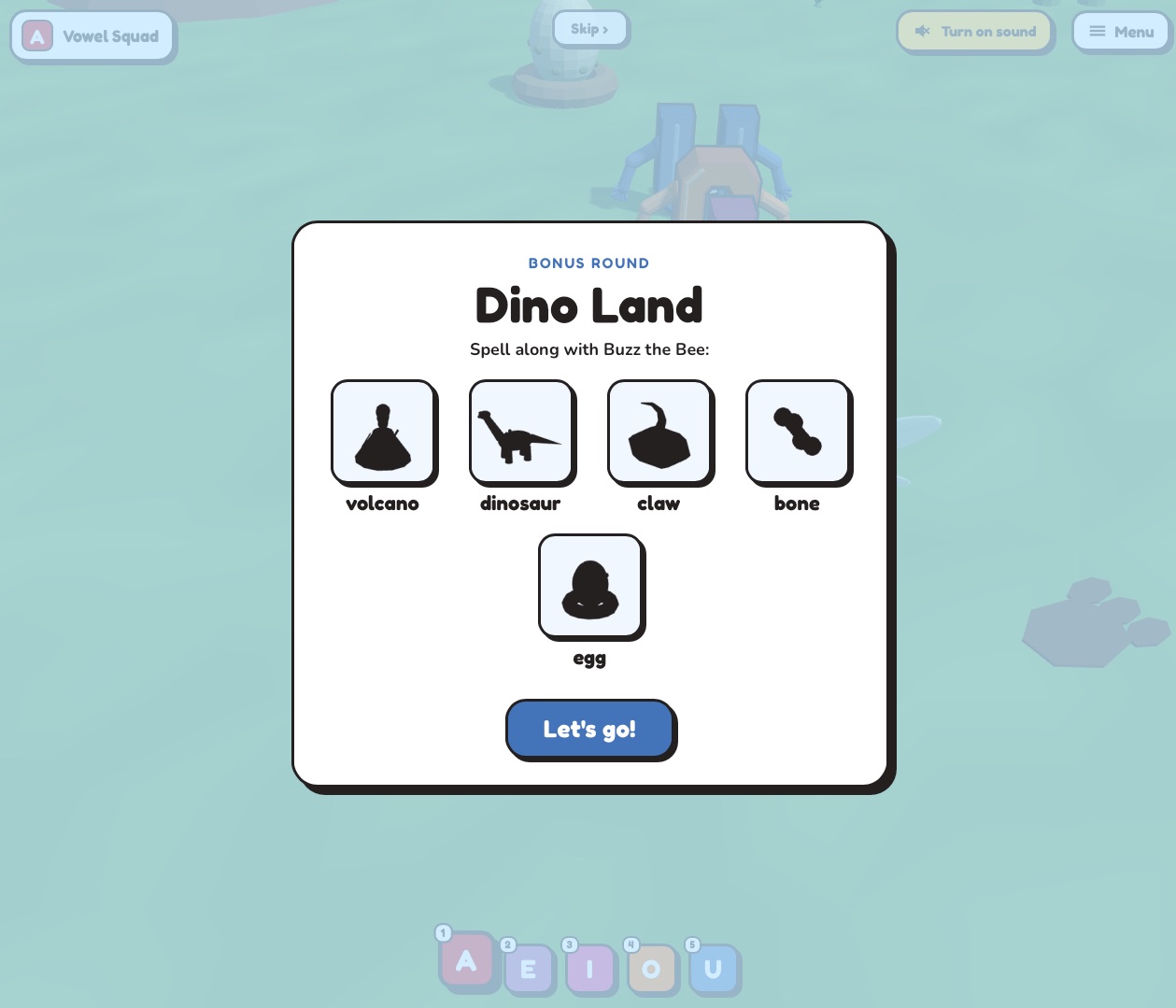 Vowel Squad bonus round card for Dino Land, listing volcano, dinosaur, claw, bone, and egg