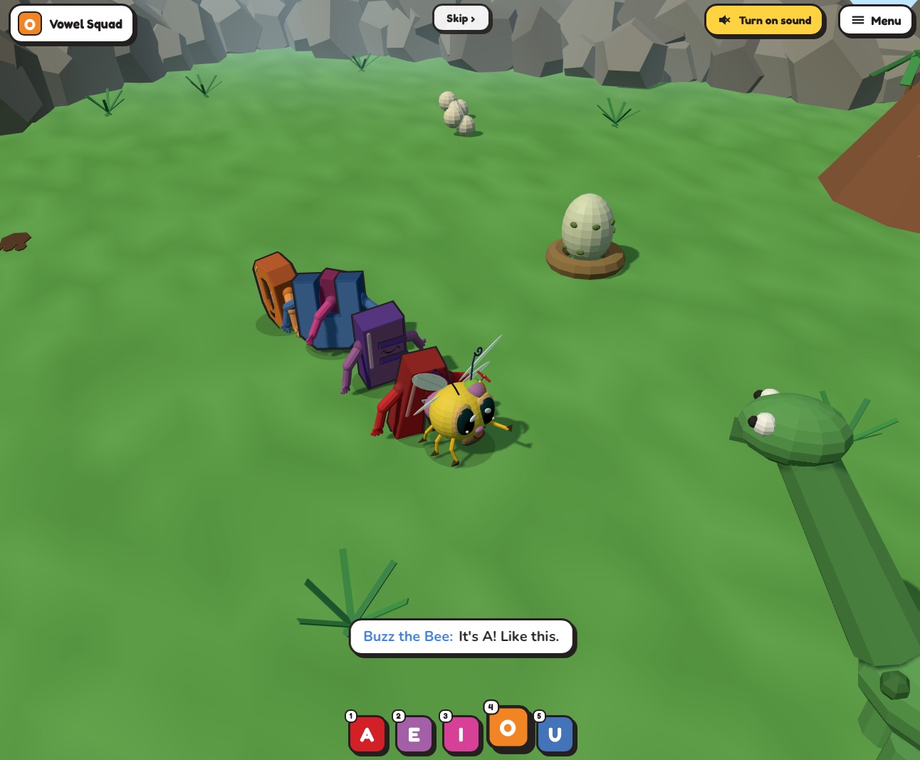 Vowel Squad Dino Land level, with the squad lined up behind Buzz the Bee near a dinosaur egg