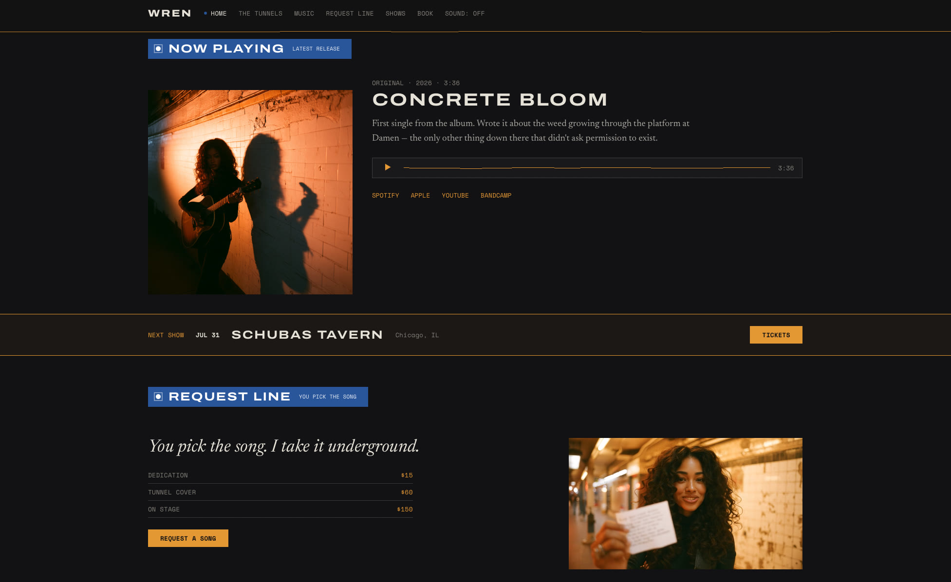 WREN website &mdash; Home page with Now Playing, next show, and Request Line