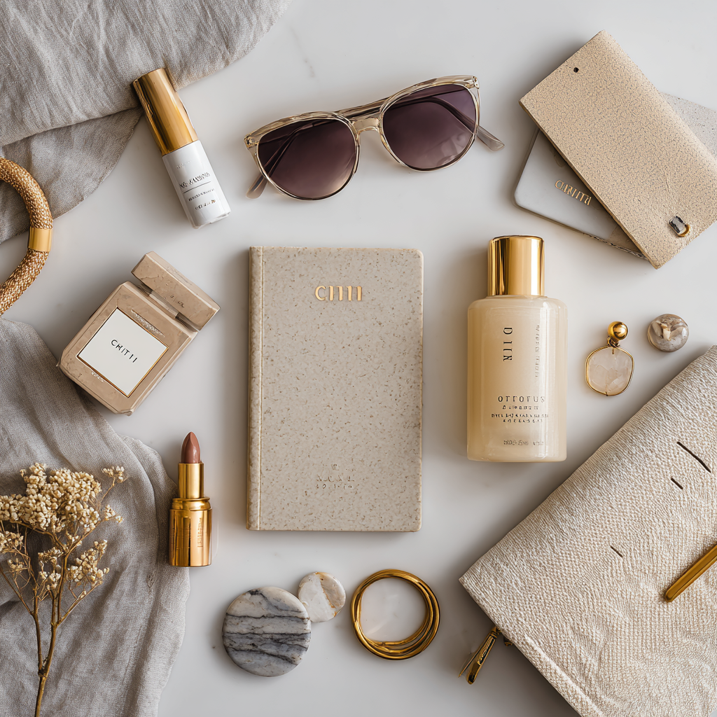 Curated flatlay of branded lifestyle products