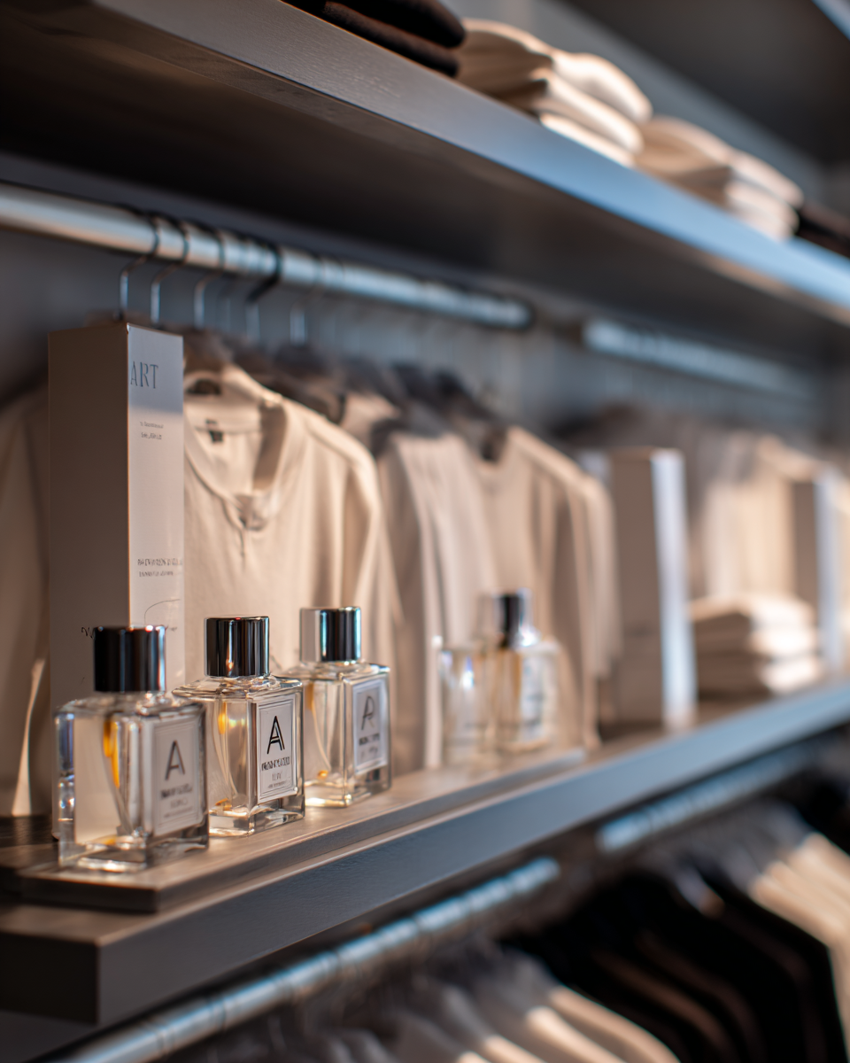 Branded merchandise arranged in a product showcase