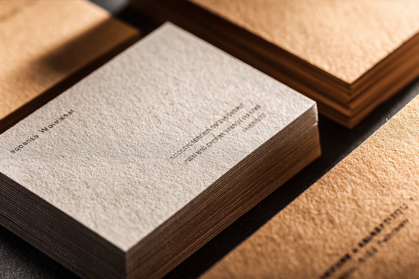 Close-up of a business card and printed brand materials