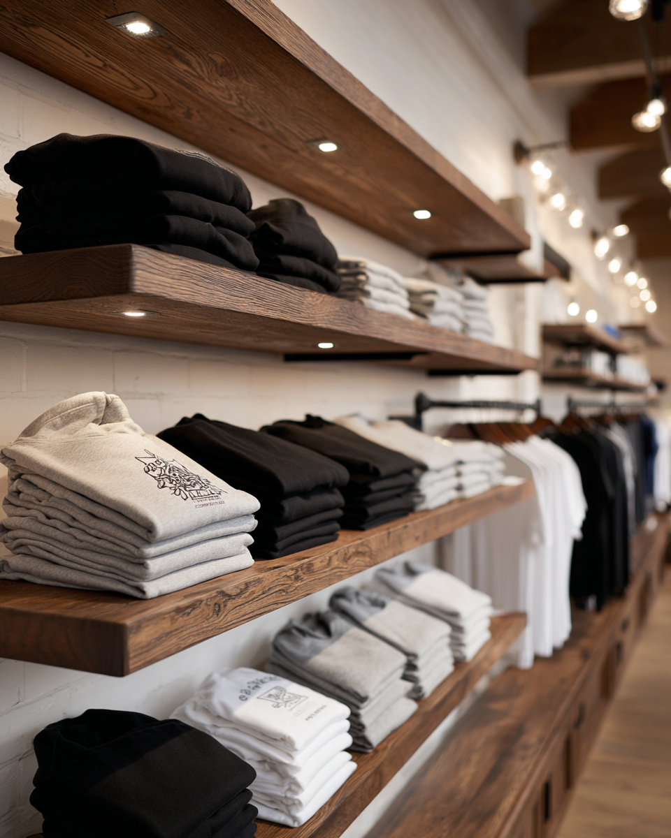 Custom branded apparel display with folded hoodies