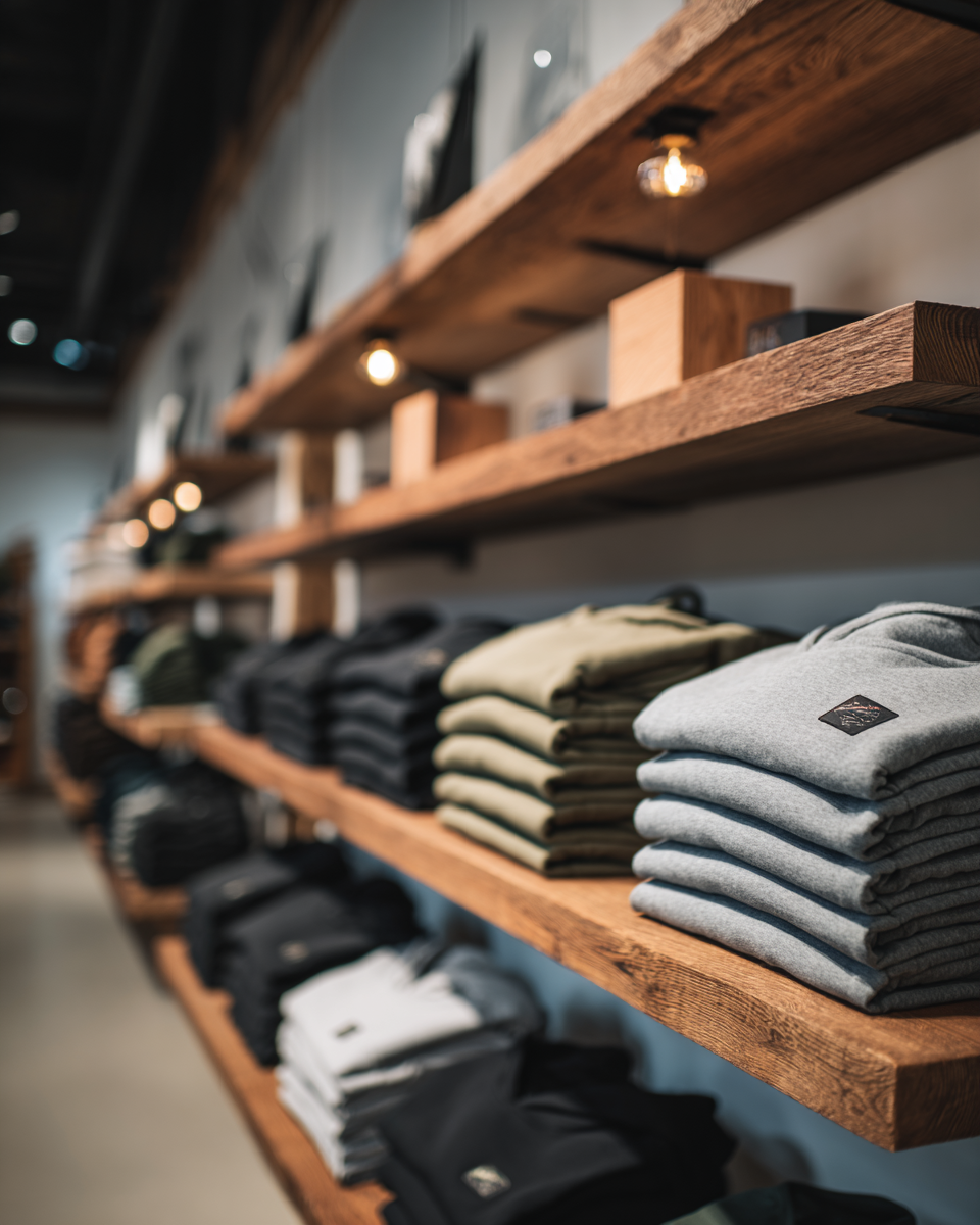 Folded custom hoodies and branded apparel on display