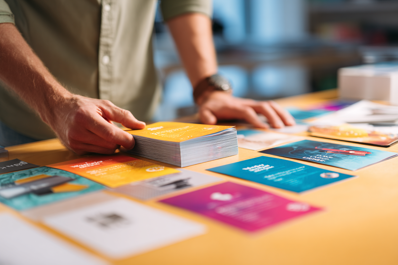 A designer's hands arranging marketing flyers and promotional pieces