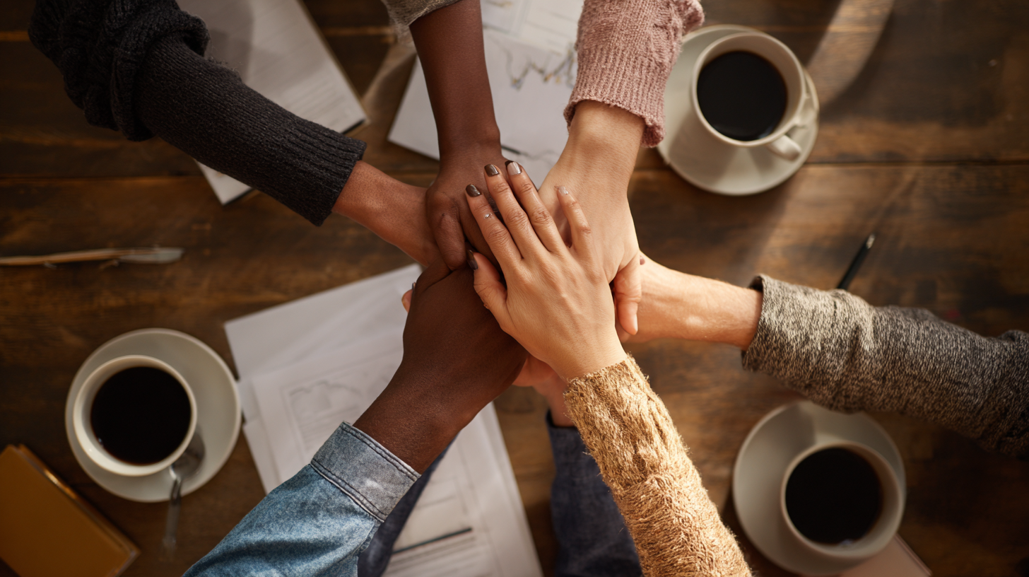 Diverse hands coming together in collaboration