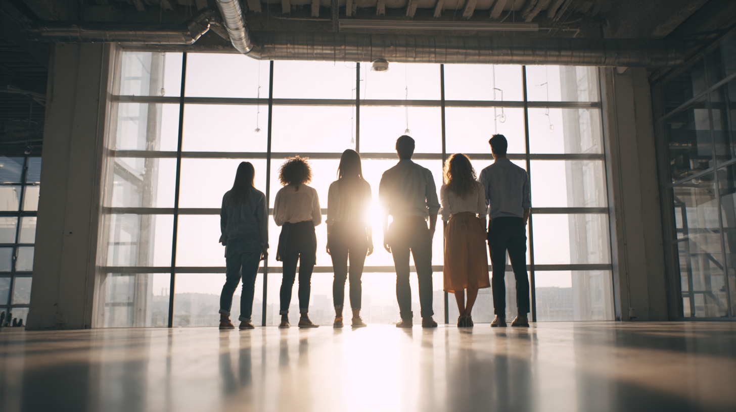 A diverse team standing together, looking ahead