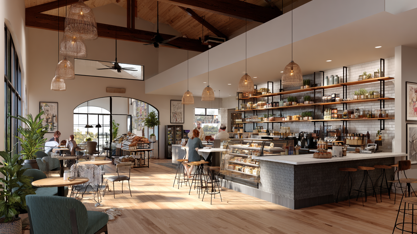 Monark Café & Pour — a cozy modern café interior with warm pendant lighting