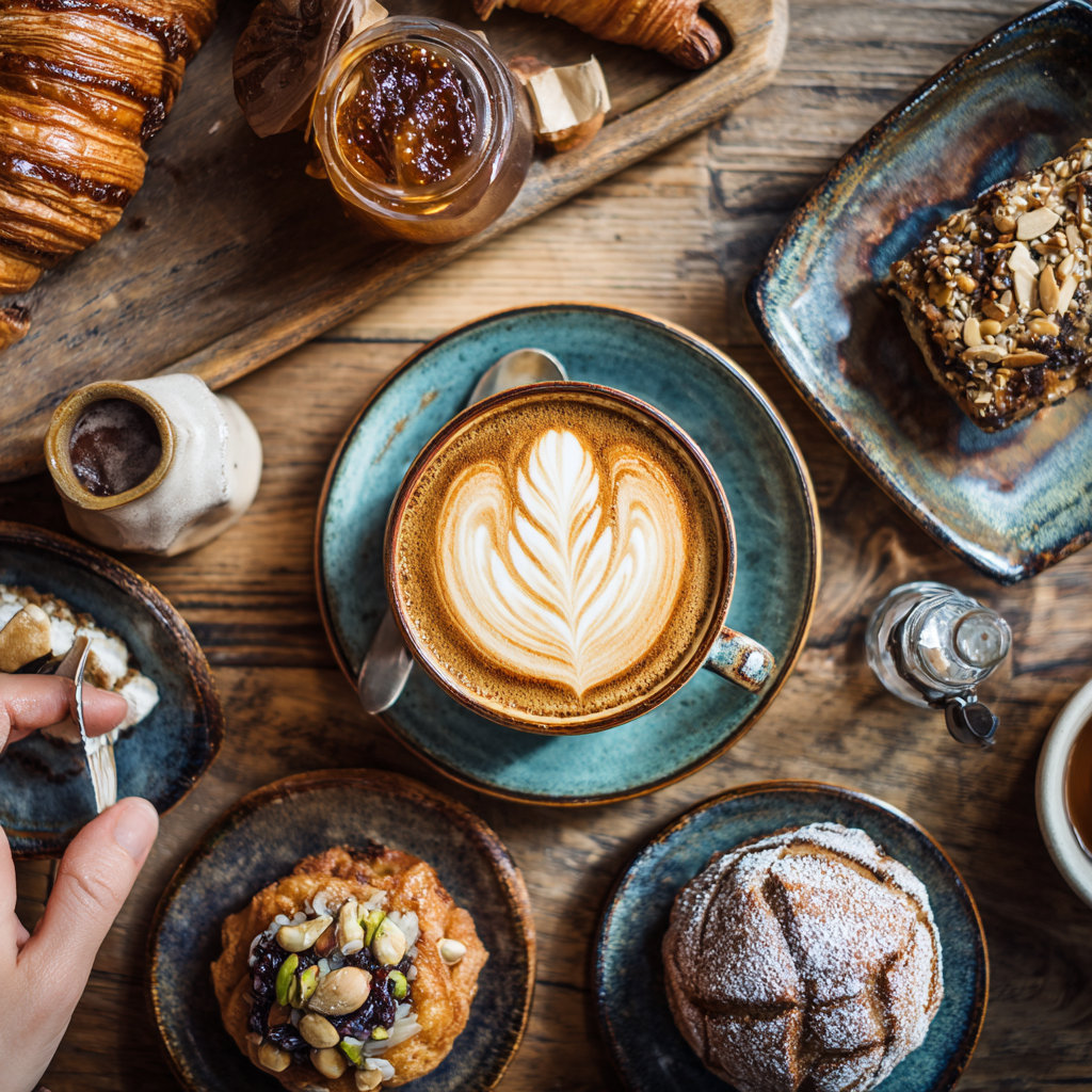 Overhead view of beautifully crafted coffee at Monark Café