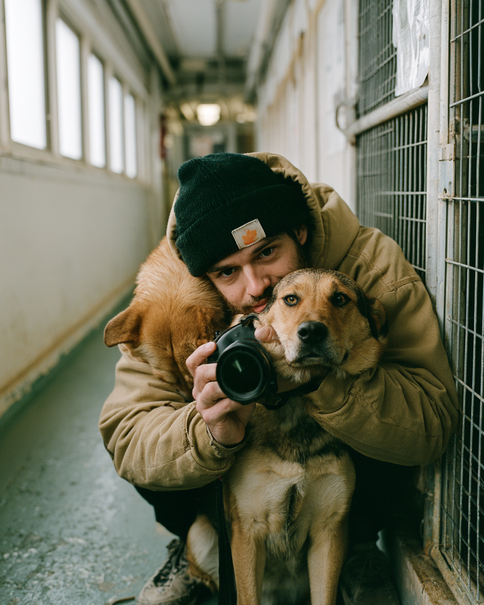 The photographer crouched at dog level in a shelter corridor, camera in hand, a dog leaning into their shoulder