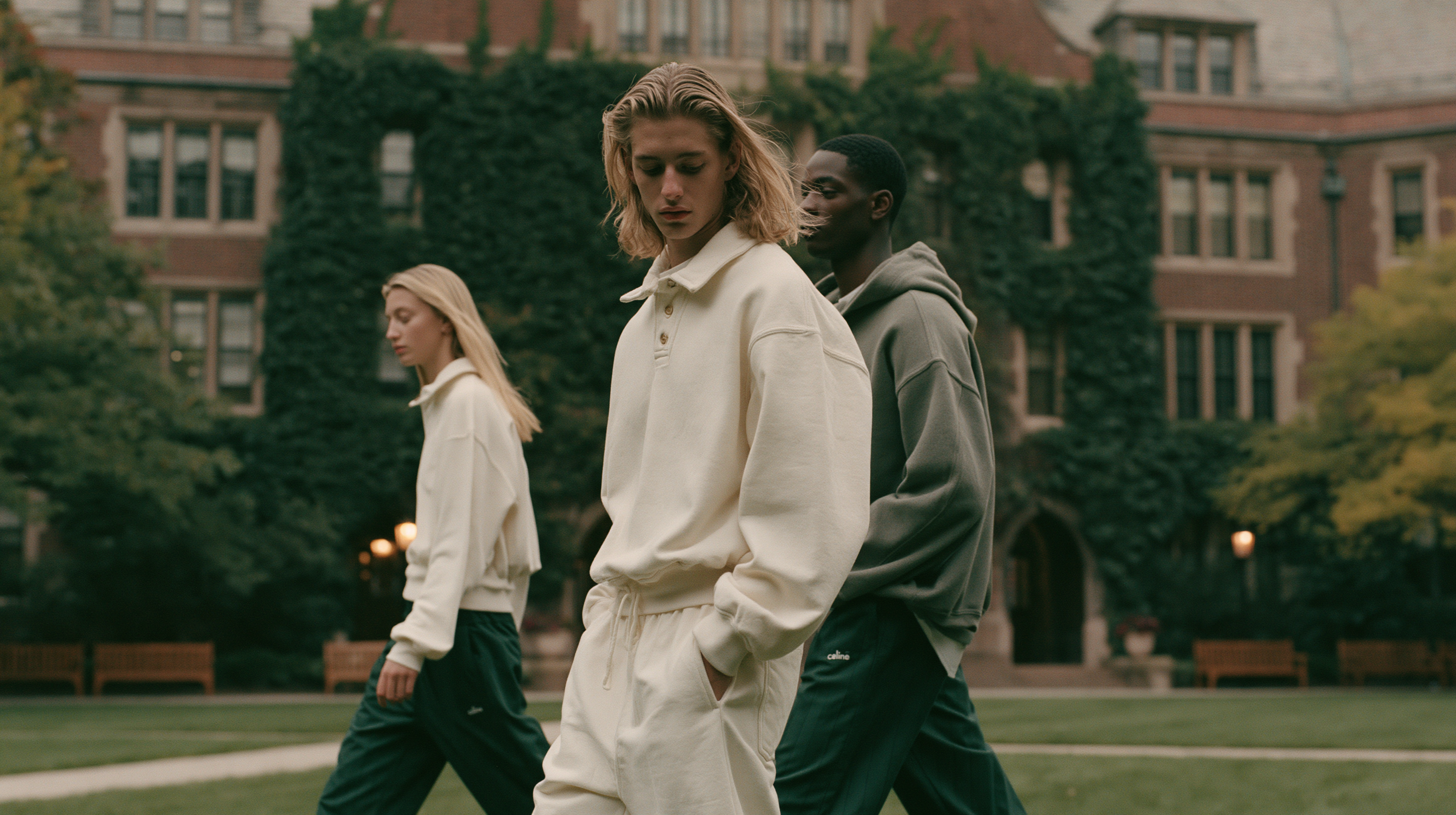 Three models crossing the campus quad at dawn in the heavyweight rugby shirt, practice hoodie and track pants