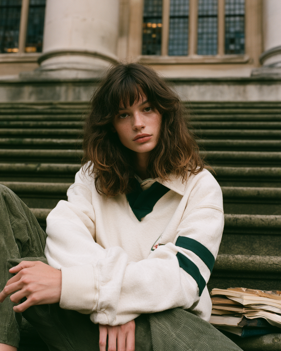 Model seated on the stone library steps in the cream heavyweight rugby shirt